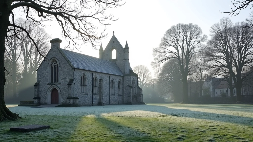 Winter cathedral site with bare trees, grey sky, minimal visitors, frost or mist on stone structures, dormant grass, moody lighting