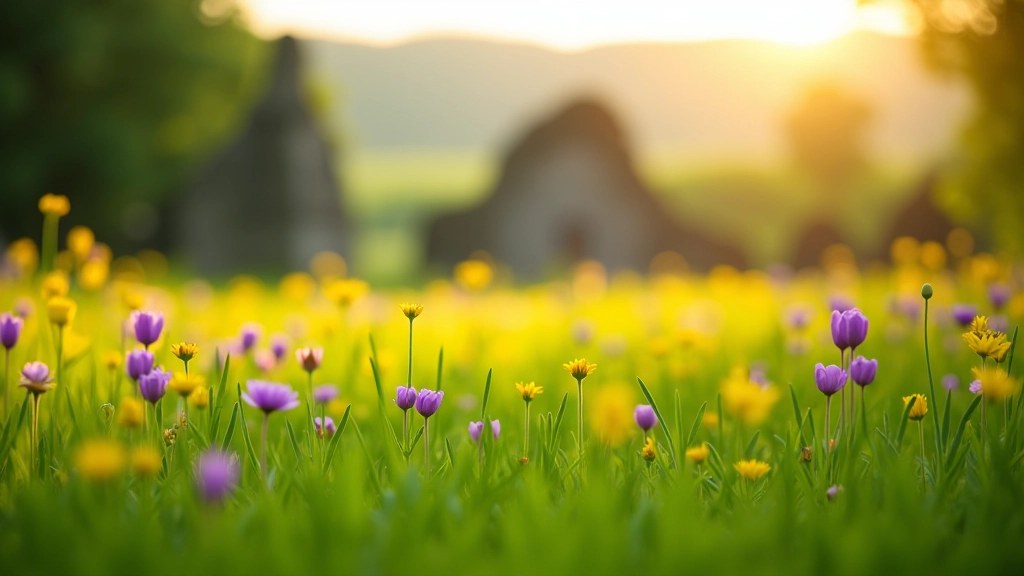 Spring meadow at historic site with purple and yellow wildflowers blooming, green grass, stone structures softly lit by morning sun
